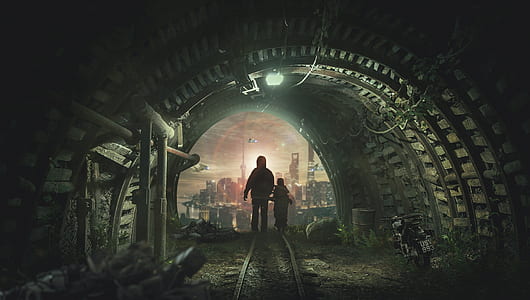 adult and child in tunnel near city digital wallpaper thumbnail