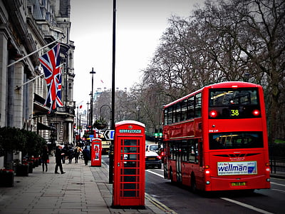 red double decker bus and red phone booth in street thumbnail