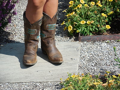 person wearing brown-and-teal leather deep-scalloped snip-toe mid-calf cowboy boots thumbnail