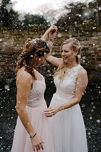 two women wearing sleeveless dress raising their hands thumbnail