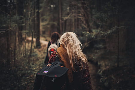 Woman in Brown Scarf Surrounded With Green Trees thumbnail