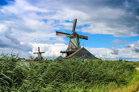 windmill surrounded green trees field under blue and white cloudy sky thumbnail