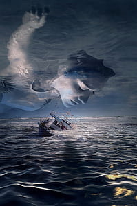 woman wearing scoop-neck top illustration above sinking boat on water digital wallpaper thumbnail