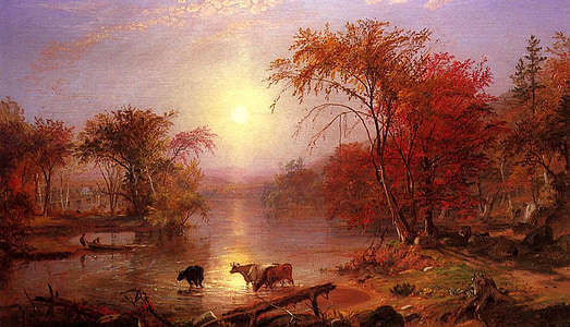 brown cow near river surrounded by trees painting thumbnail