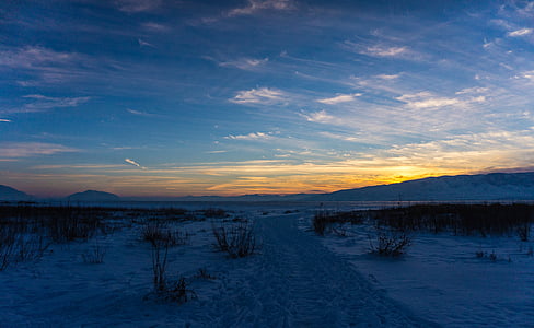 snowy pathway under blue sky at sunrise thumbnail