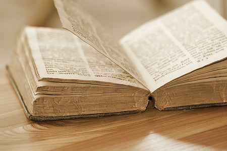 bible flipped open and placed on brown wooden board thumbnail