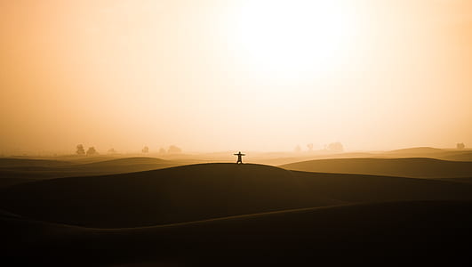silhouette of a person standing on desert hill thumbnail