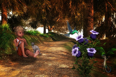 girl sitting in front purple petaled flower thumbnail