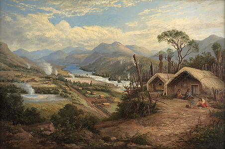 people living on brown shacks above hill painting thumbnail