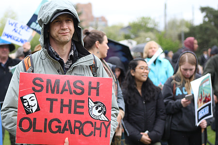 person holding smash the oligarchy sign outdoor during daytime thumbnail