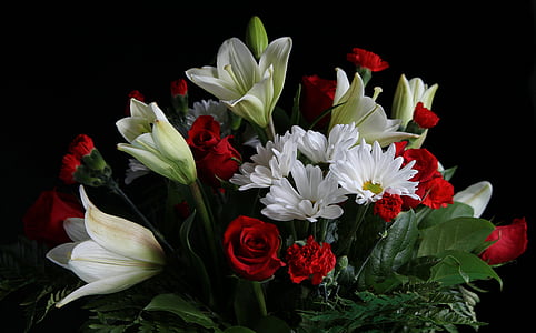 white lilies, chrysanthemum, and red roses arrangement thumbnail