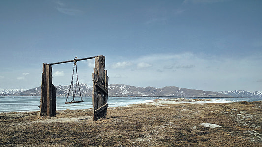 brown wooden swing beside of the lake thumbnail