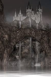 painting of castle beside waterfalls thumbnail