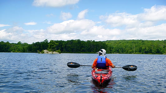 Kayaker resting on Splitrock Reservoir - a man made lake - in Rockaway Township, Morris County, New Jersey. thumbnail