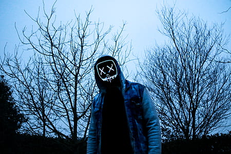 person wearing blue hooded jacket near bare trees thumbnail