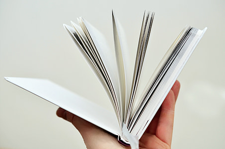person's left hand holding white hardbound book thumbnail