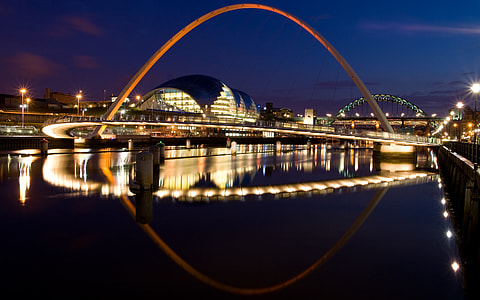 stadium near calm body of water at nighttime thumbnail