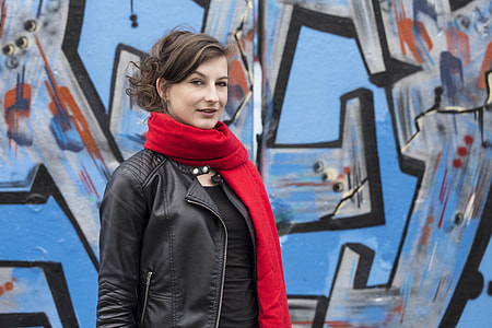 woman in black leather zip-up jacket thumbnail