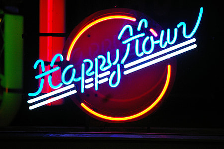 blue, yellow, and white Happy Hour neon sign thumbnail