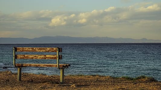 white wooden bench near body pf water thumbnail