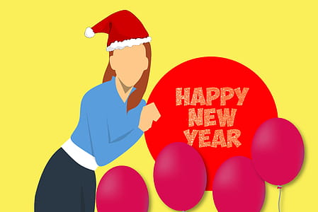 Illustration of woman in Santa hat with Happy New Year message. thumbnail