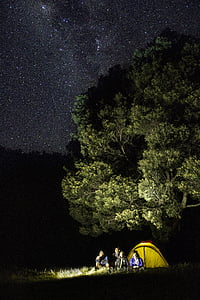 four person sitting beside yellow dome tent under green leafed tree thumbnail