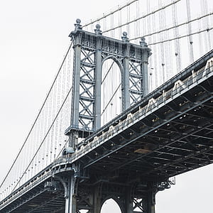 low angle photography of gray suspension bridge thumbnail