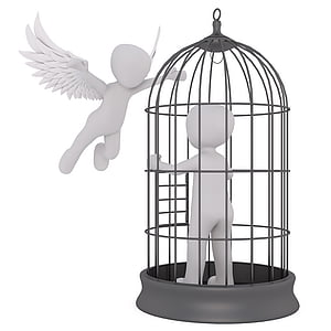 person in black metal cage near angel illustration thumbnail