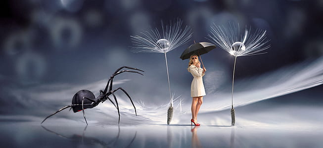 woman holding umbrella near spider and dandelion wallpaper thumbnail