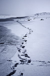 grayscale photography of human footprint on snow field thumbnail