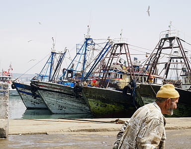 man walking near body of water with ships at daytime thumbnail