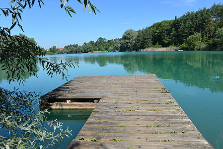 brown wooden dock beside green trees under blue sky thumbnail