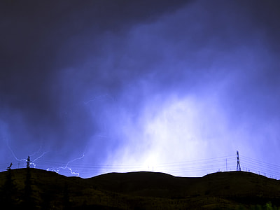 sparks glowing above silhouette of mountains under blue sky during nighttime thumbnail