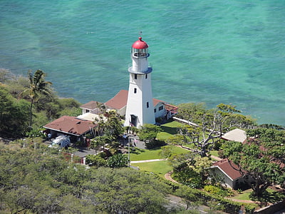 white lighthouse and brown houses near sea thumbnail