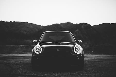 grayscale photo of Mini Cooper thumbnail