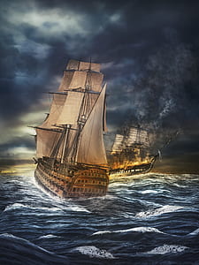 photography or two brown ship battle in ocean thumbnail