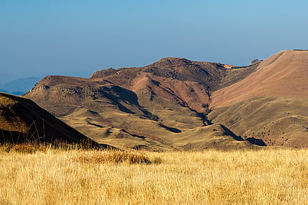 brown field near green hills at daytime thumbnail
