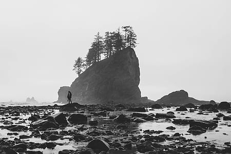 grayscale photo of person standing on rock thumbnail