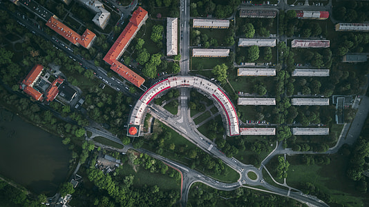 bird's eye photography of road and buildings thumbnail