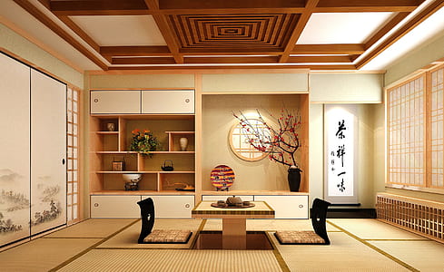 white and brown wooden chabudai table inside room thumbnail