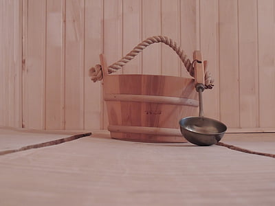 brown wooden bucket with ladle thumbnail