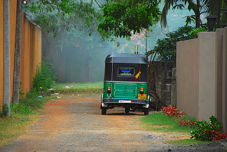 green and black auto rickshaw near concrete wall and trees thumbnail