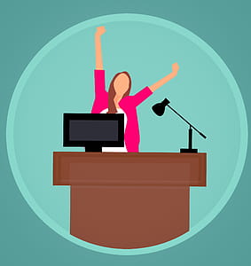 Presenter finished at the lectern, ready for the weekend - illustration. thumbnail