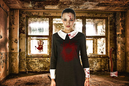 woman in black and white long-sleeved dress standing near glass window thumbnail