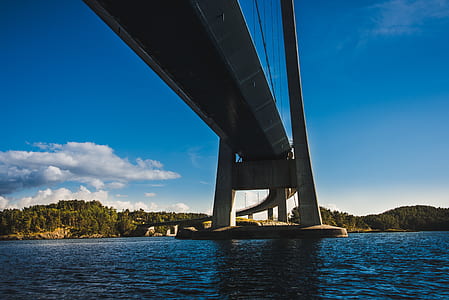 gray concrete bridge on body of water under clear blue sky thumbnail