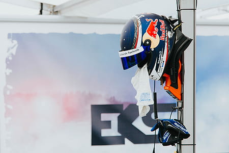 blue and red Redbull helmet thumbnail