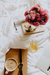 Morning coffee in bed. Working in bed thumbnail