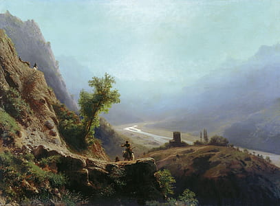 person riding on white four-legged animal on mountain cliff thumbnail