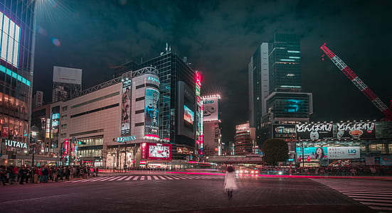 walking woman near high rise buildings at night time thumbnail