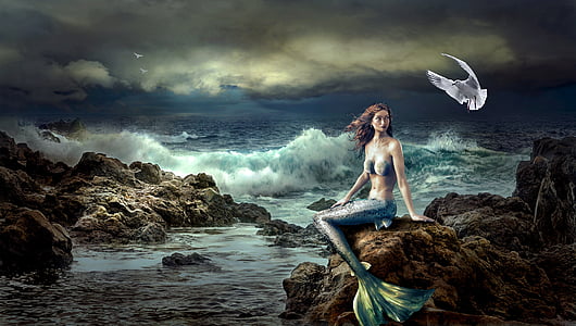 blue mermaid sitting on brown rock painting thumbnail